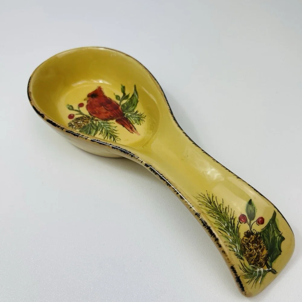 Hand painted Maxcera Cardinal Holiday Pine Holly Utensil Spoon Rest  10